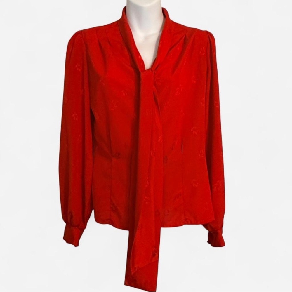 VTG Jo Matthew’s Women’s Red Blouse, Floral Accent, Tie Front Button Up Sz 7/8